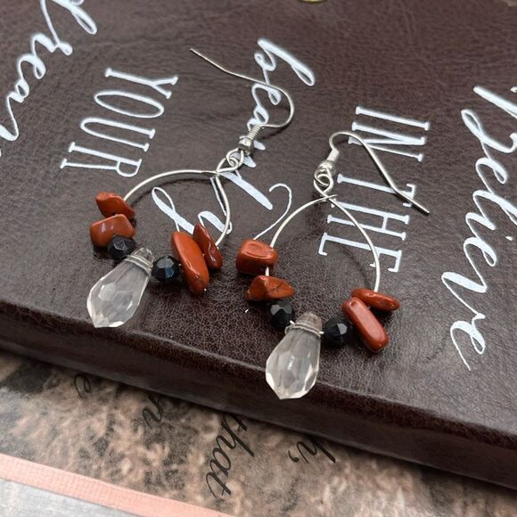 Vintage Jewelry - Vintage Red Jasper Beaded Teardrop Hoop Earrings